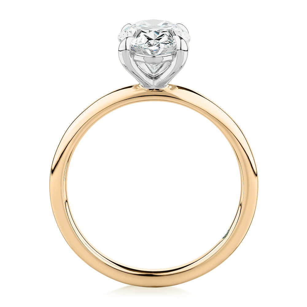Premium Certified Laboratory Created Diamond, 2.00 carat oval solitaire engagement ring in 18 carat yellow and white gold