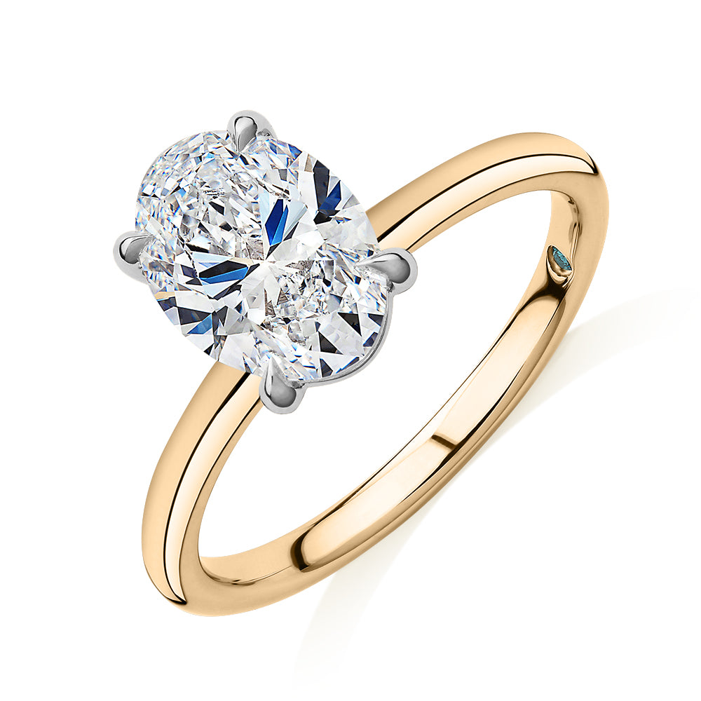 Premium Certified Laboratory Created Diamond, 2.00 carat oval solitaire engagement ring in 18 carat yellow and white gold