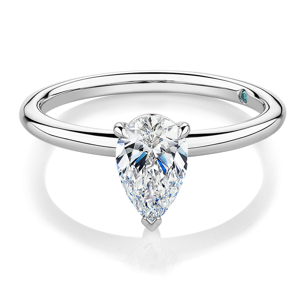 Premium Certified Laboratory Created Diamond, 1.00 carat pear solitaire engagement ring in 14 carat white gold