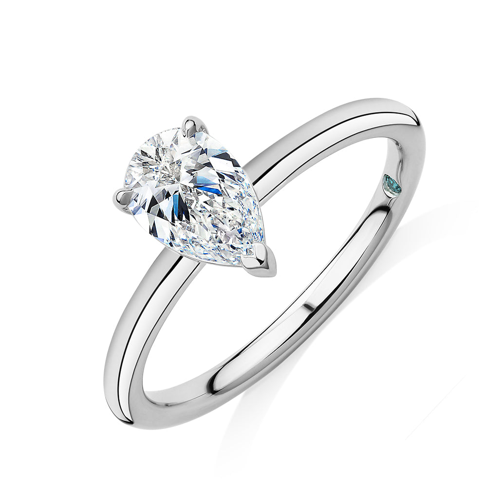 Premium Certified Laboratory Created Diamond, 1.00 carat pear solitaire engagement ring in 14 carat white gold