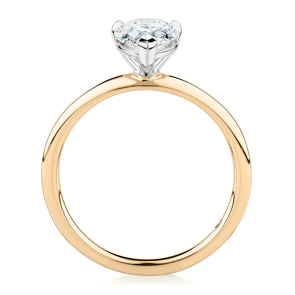 Premium Certified Laboratory Created Diamond, 1.50 carat pear solitaire engagement ring in 18 carat yellow and white gold