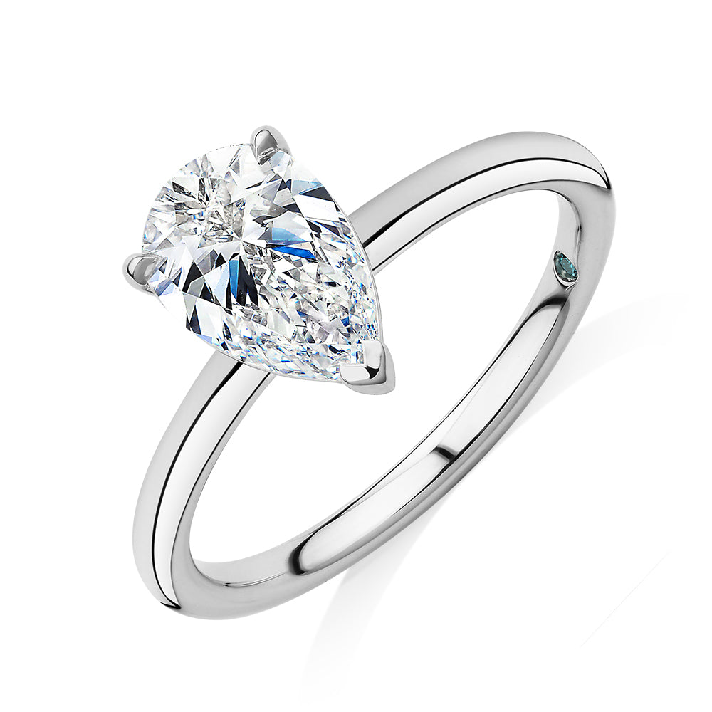 Premium Certified Laboratory Created Diamond, 1.50 carat pear solitaire engagement ring in platinum