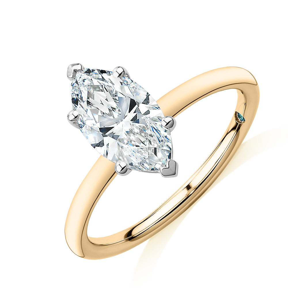 Premium Certified Lab-Grown Diamond, 1.50 carat marquise solitaire engagement ring in 14 carat yellow and white gold