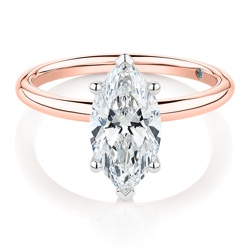 Premium Certified Lab-Grown Diamond, 2.00 carat marquise solitaire engagement ring in 14 carat rose and white gold