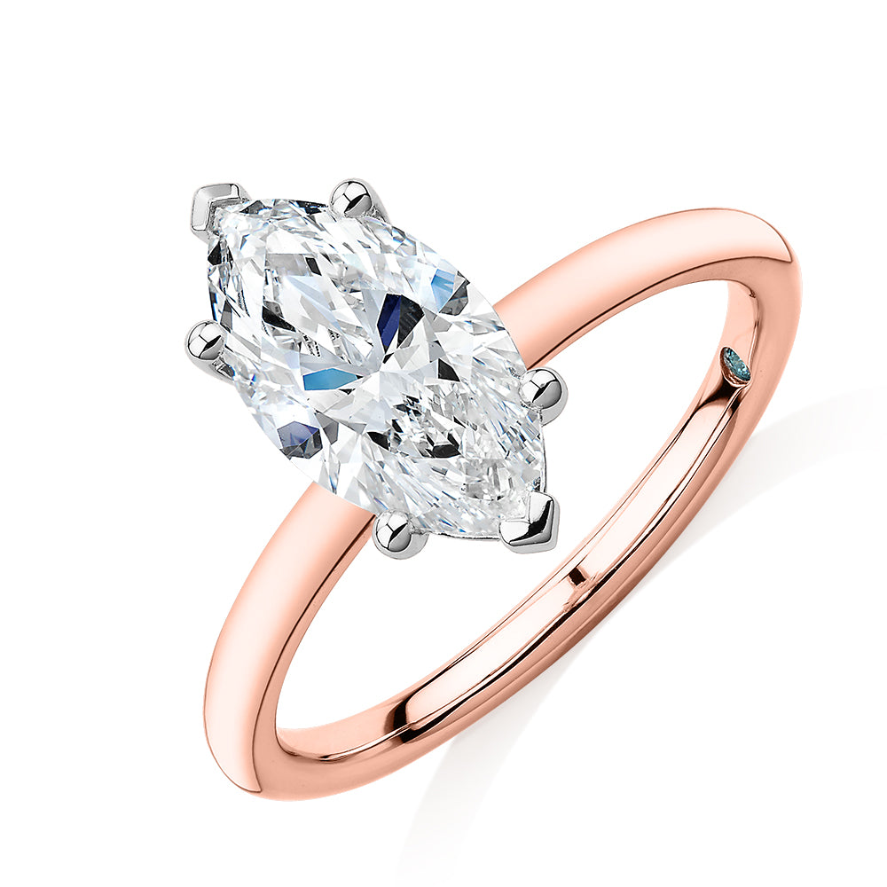 Premium Certified Lab-Grown Diamond, 2.00 carat marquise solitaire engagement ring in 14 carat rose and white gold