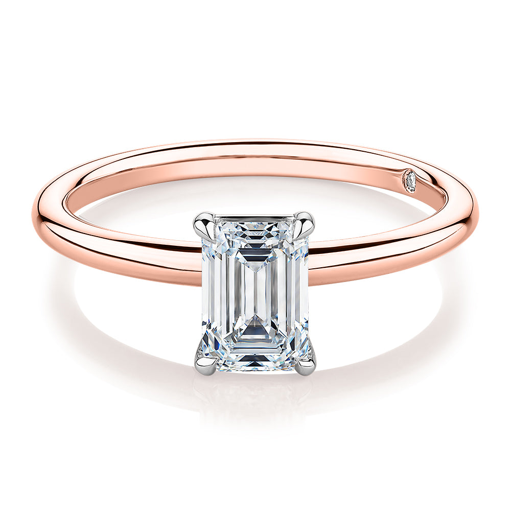 Signature Simulant Diamond 1.00 carat* emerald cut solitaire engagement ring in 14 carat rose and white gold