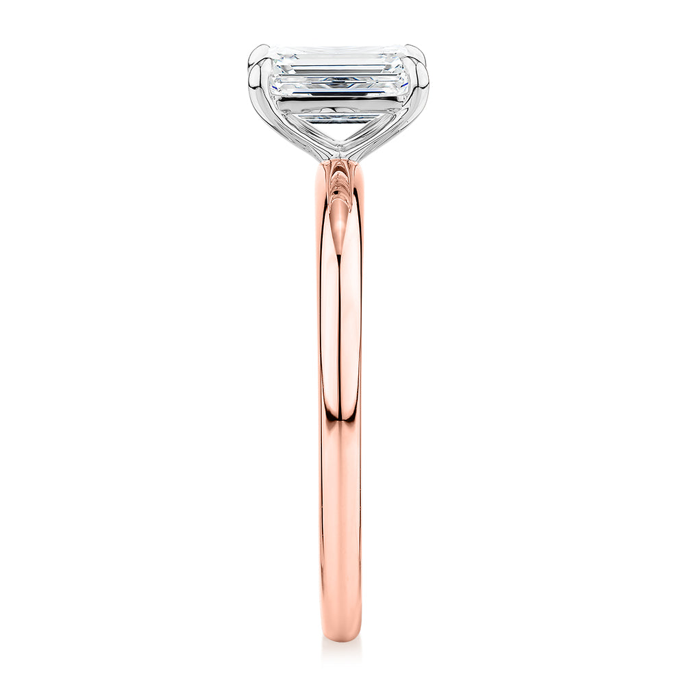 Signature Simulant Diamond 1.00 carat* emerald cut solitaire engagement ring in 14 carat rose and white gold