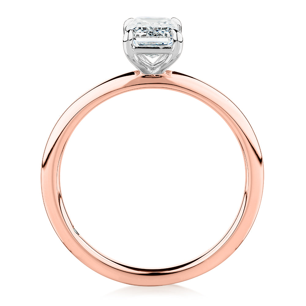 Signature Simulant Diamond 1.00 carat* emerald cut solitaire engagement ring in 14 carat rose and white gold