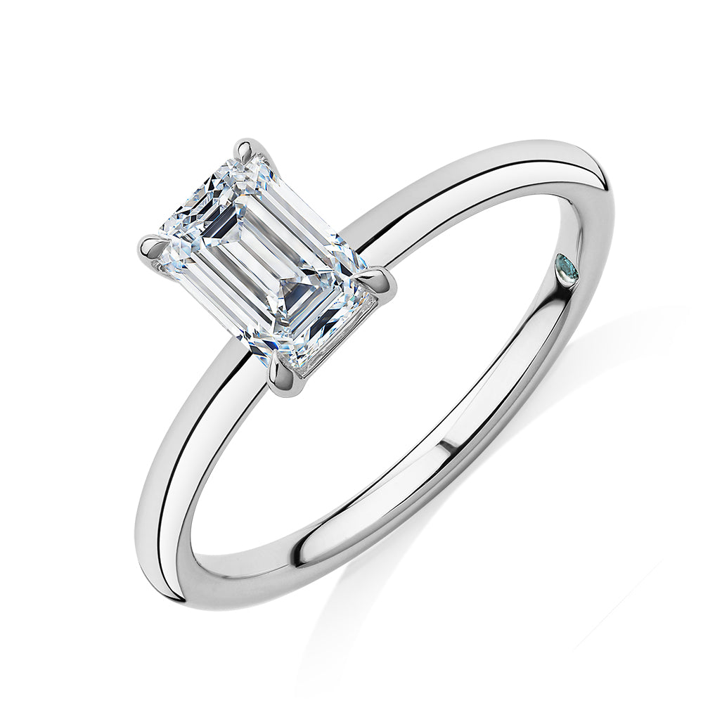Premium Certified Laboratory Created Diamond, 1.00 carat emerald cut solitaire engagement ring in 14 carat white gold