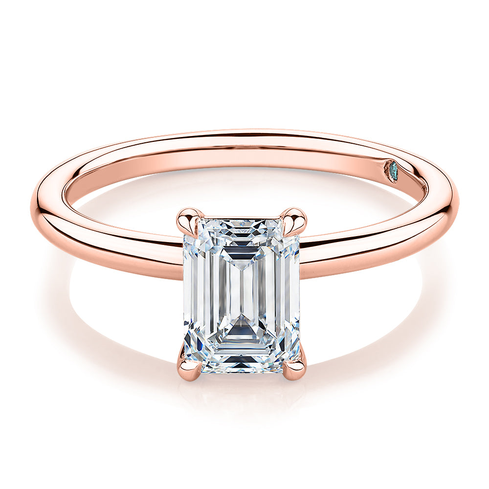 Premium Certified Laboratory Created Diamond, 1.50 carat emerald cut solitaire engagement ring in 18 carat rose gold