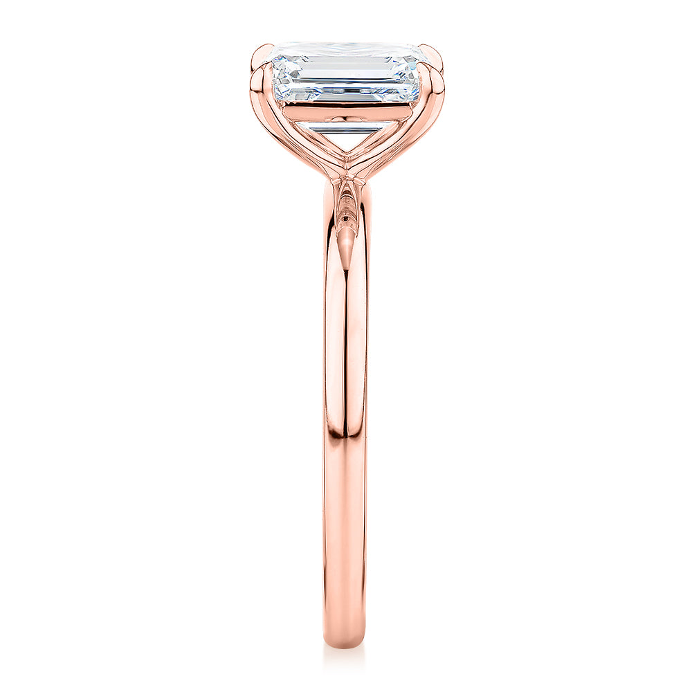 Premium Certified Laboratory Created Diamond, 1.50 carat emerald cut solitaire engagement ring in 18 carat rose gold