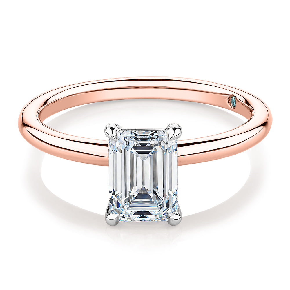 Premium Certified Laboratory Created Diamond, 1.50 carat emerald cut solitaire engagement ring in 18 carat rose and white gold