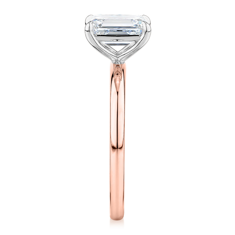 Premium Certified Lab-Grown Diamond, 1.50 carat emerald cut solitaire engagement ring in 14 carat rose and white gold