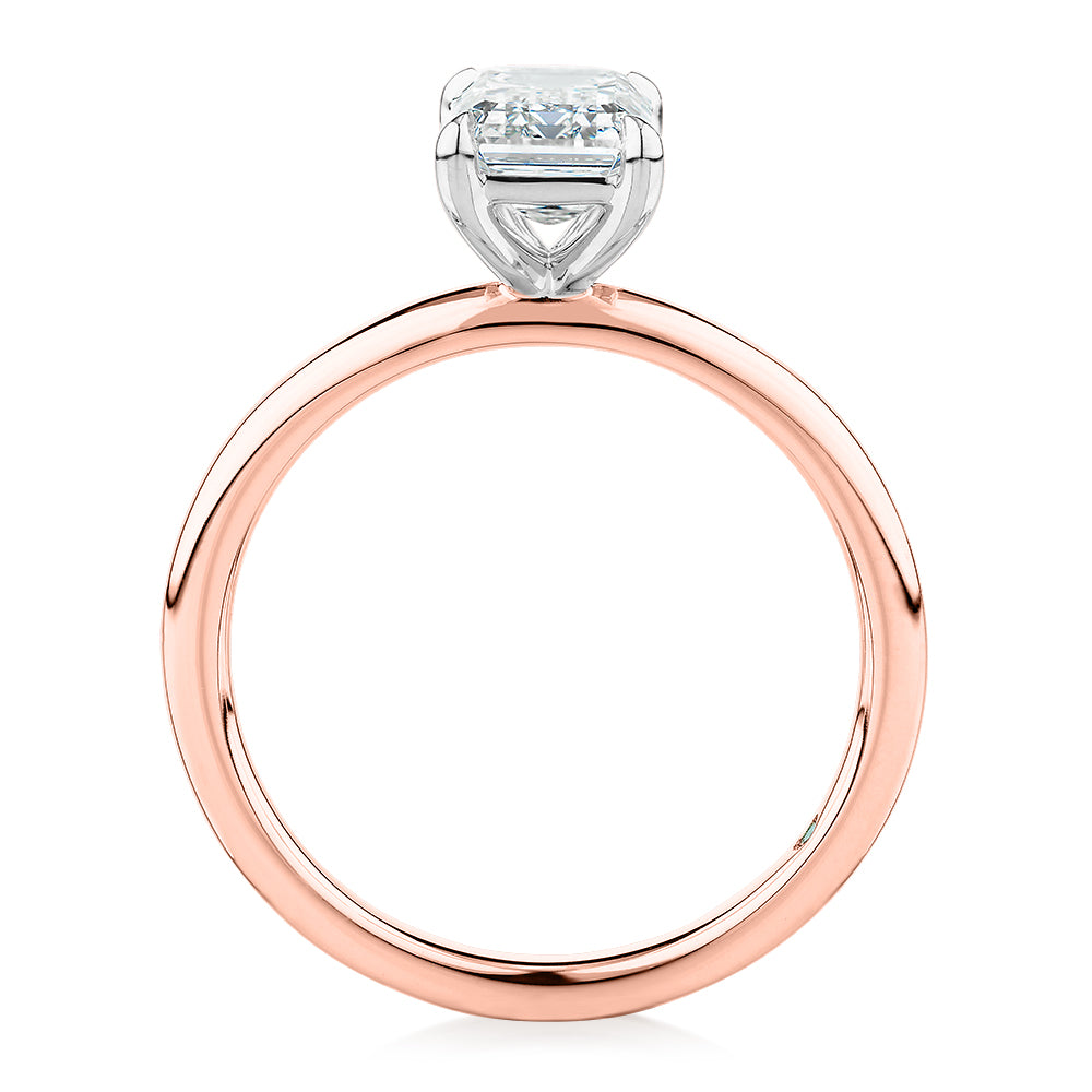 Premium Certified Laboratory Created Diamond, 1.50 carat emerald cut solitaire engagement ring in 18 carat rose and white gold