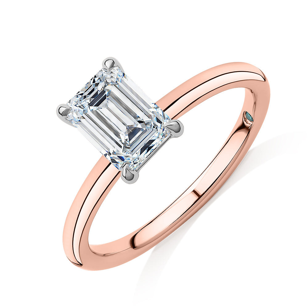 Premium Certified Laboratory Created Diamond, 1.50 carat emerald cut solitaire engagement ring in 18 carat rose and white gold