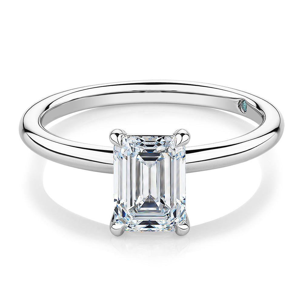 Premium Certified Laboratory Created Diamond, 1.50 carat emerald cut solitaire engagement ring in 18 carat white gold