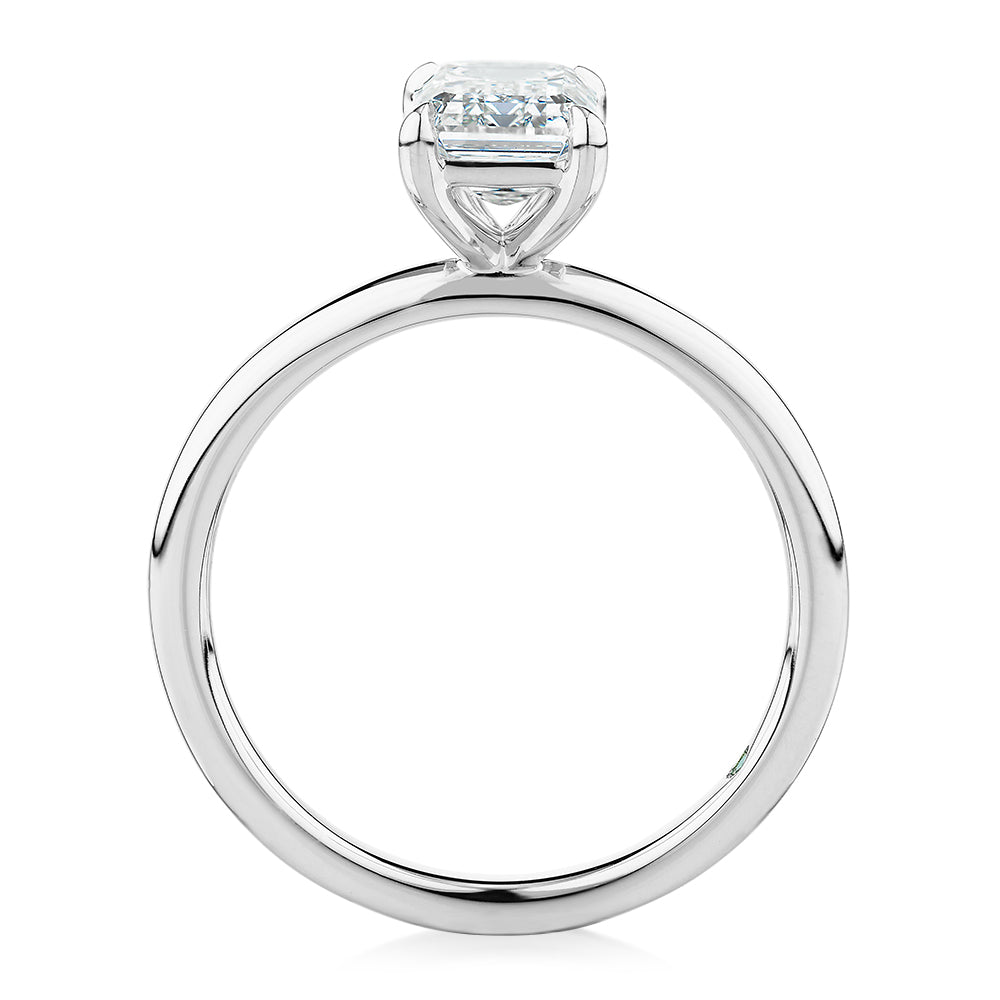 Premium Certified Laboratory Created Diamond, 1.50 carat emerald cut solitaire engagement ring in 14 carat white gold