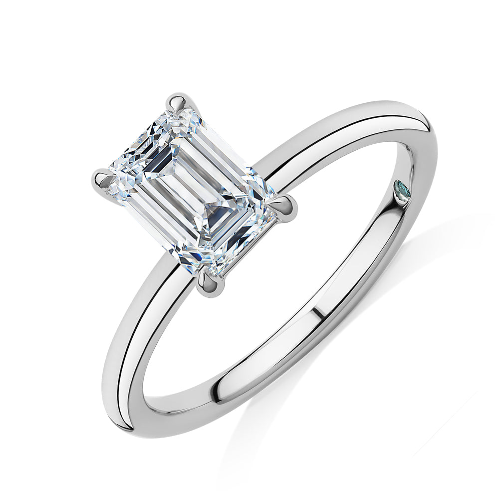 Premium Certified Laboratory Created Diamond, 1.50 carat emerald cut solitaire engagement ring in 14 carat white gold
