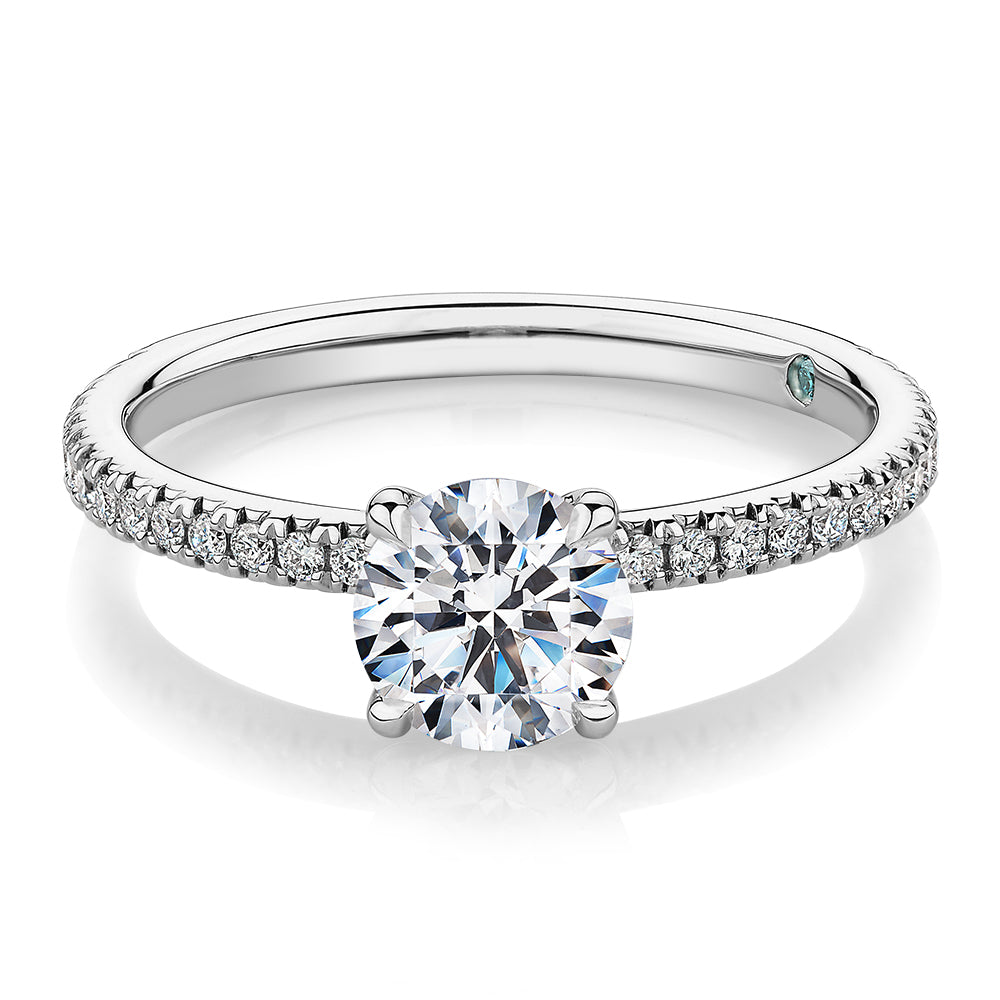 Premium Certified Laboratory Created Diamond, 1.24 carat TW round brilliant shouldered engagement ring in 18 carat white gold