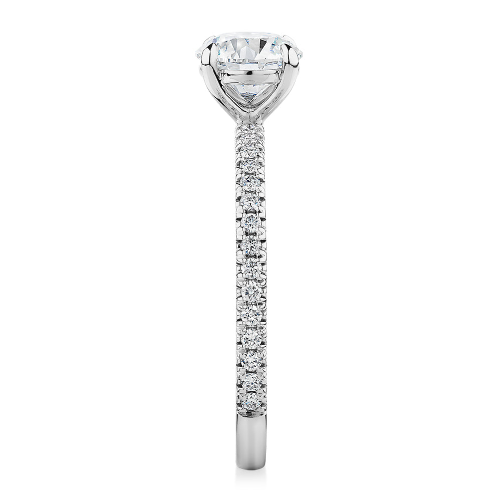 Premium Certified Laboratory Created Diamond, 1.24 carat TW round brilliant shouldered engagement ring in 18 carat white gold