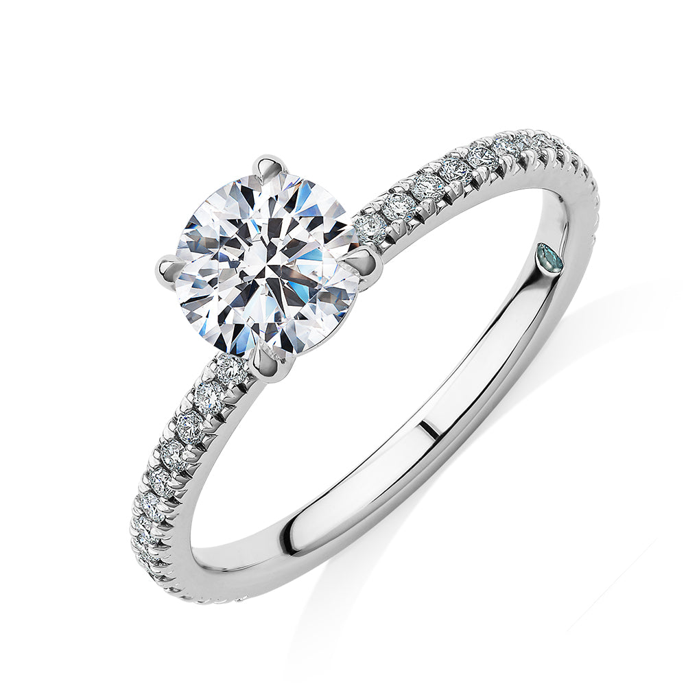 Premium Certified Laboratory Created Diamond, 1.24 carat TW round brilliant shouldered engagement ring in 18 carat white gold