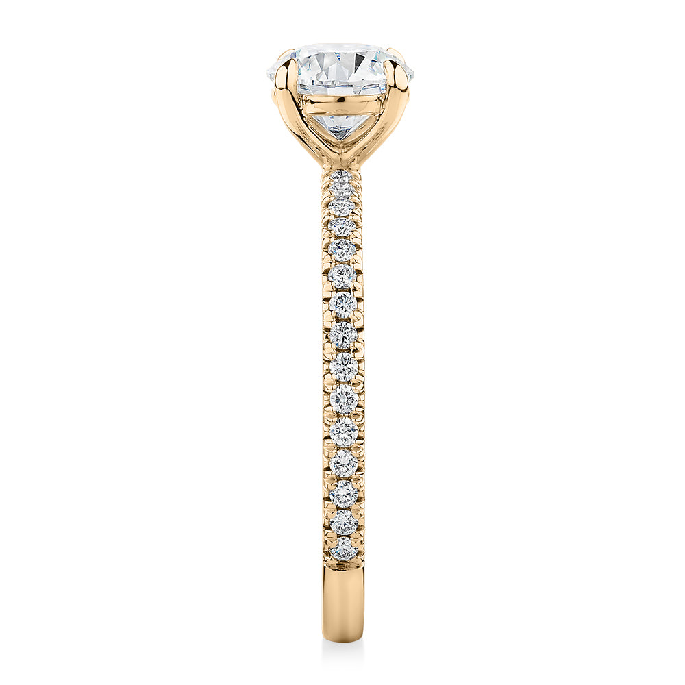 Signature Simulant Diamond 1.24 carat* TW round brilliant shouldered engagement ring in 14 carat yellow gold