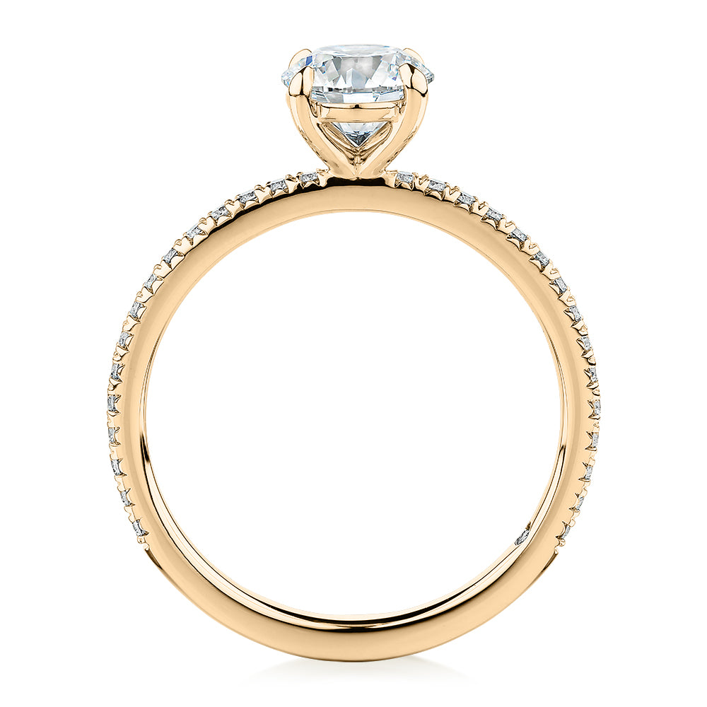 Signature Simulant Diamond 1.24 carat* TW round brilliant shouldered engagement ring in 14 carat yellow gold