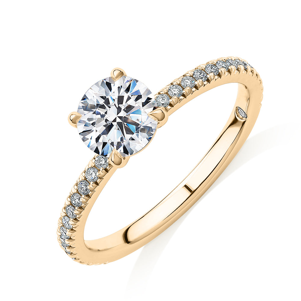 Signature Simulant Diamond 1.24 carat* TW round brilliant shouldered engagement ring in 14 carat yellow gold