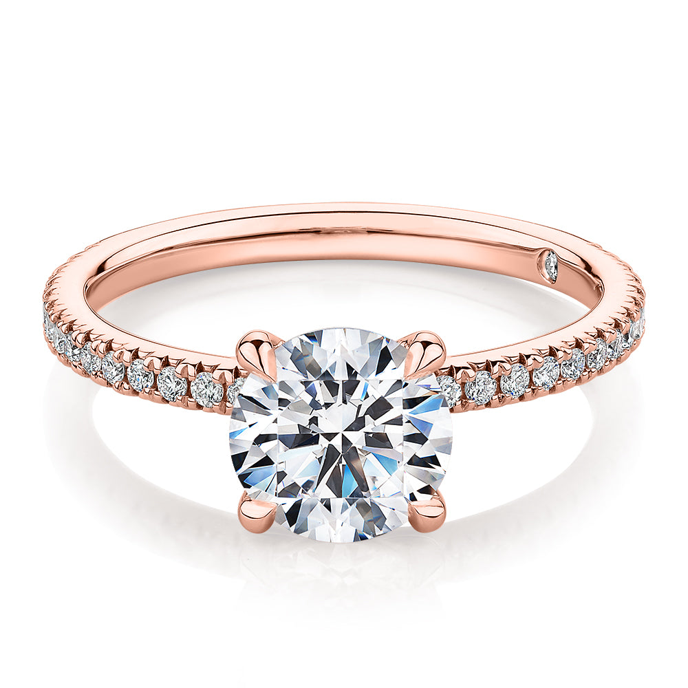 Signature Simulant Diamond 1.74 carat* TW round brilliant shouldered engagement ring in 14 carat rose gold