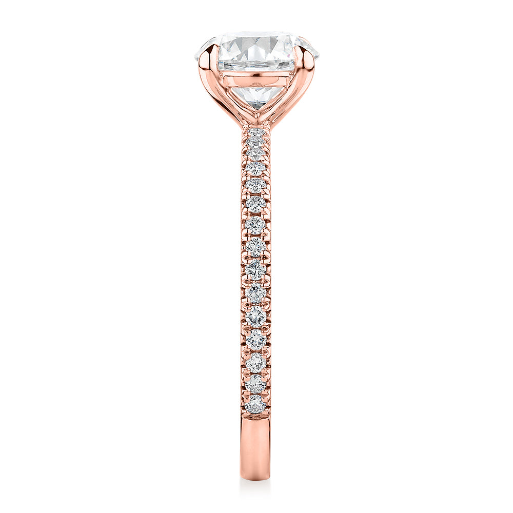 Signature Simulant Diamond 1.74 carat* TW round brilliant shouldered engagement ring in 14 carat rose gold
