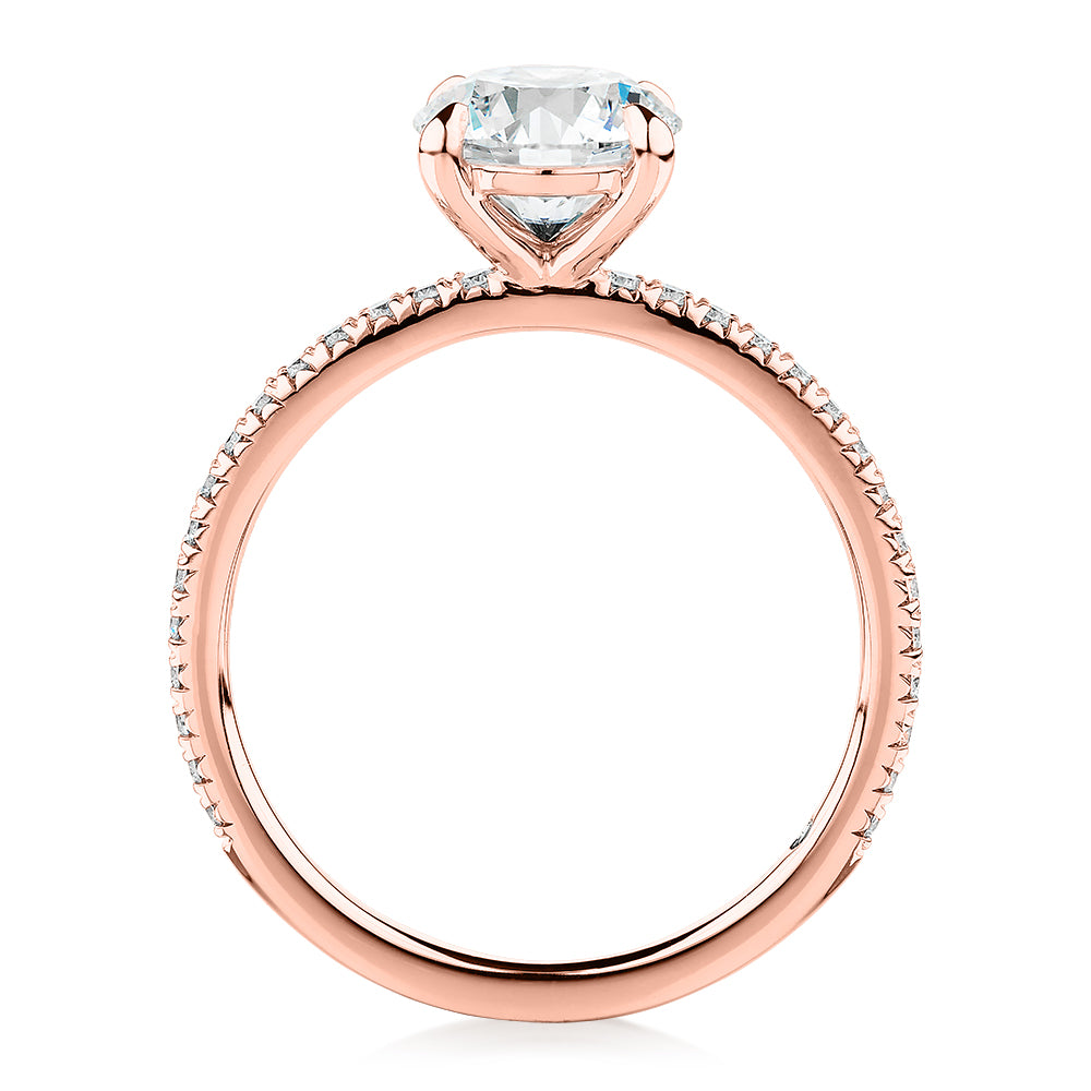 Signature Simulant Diamond 1.74 carat* TW round brilliant shouldered engagement ring in 14 carat rose gold