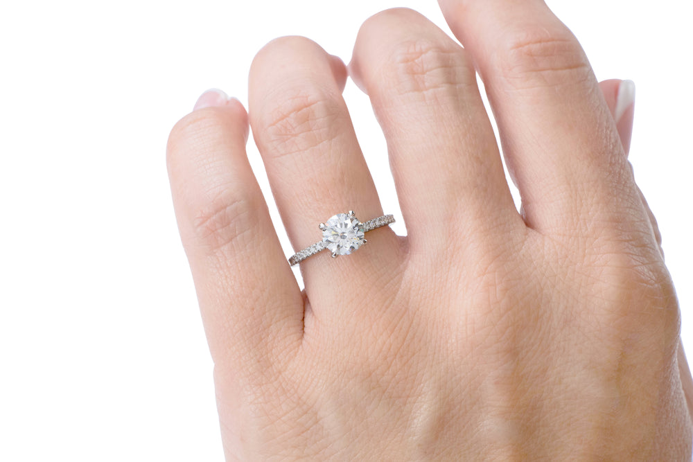 Signature Simulant Diamond 1.74 carat* TW round brilliant shouldered engagement ring in 14 carat white gold