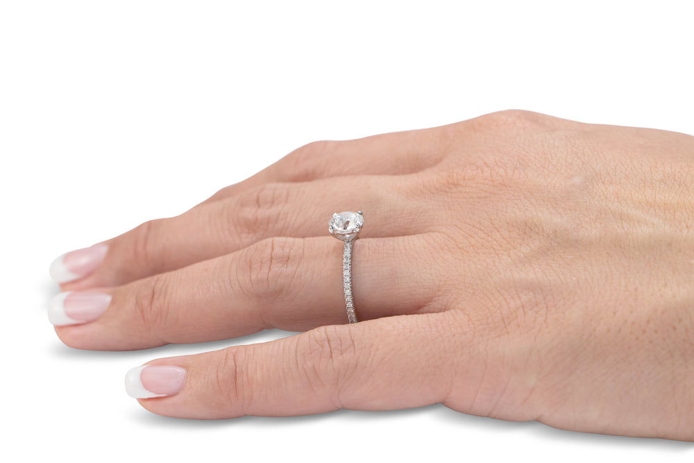 Signature Simulant Diamond 1.74 carat* TW round brilliant shouldered engagement ring in 14 carat white gold