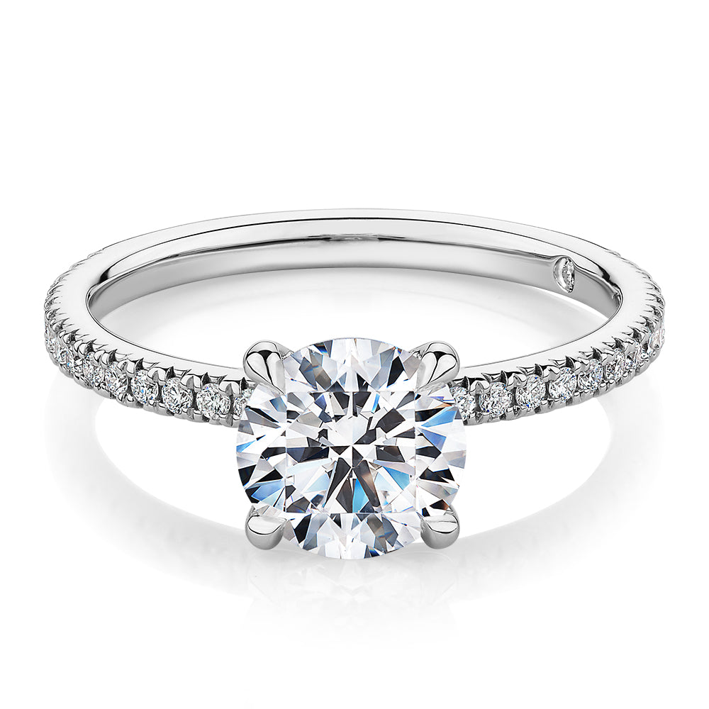 Signature Simulant Diamond 1.74 carat* TW round brilliant shouldered engagement ring in 14 carat white gold