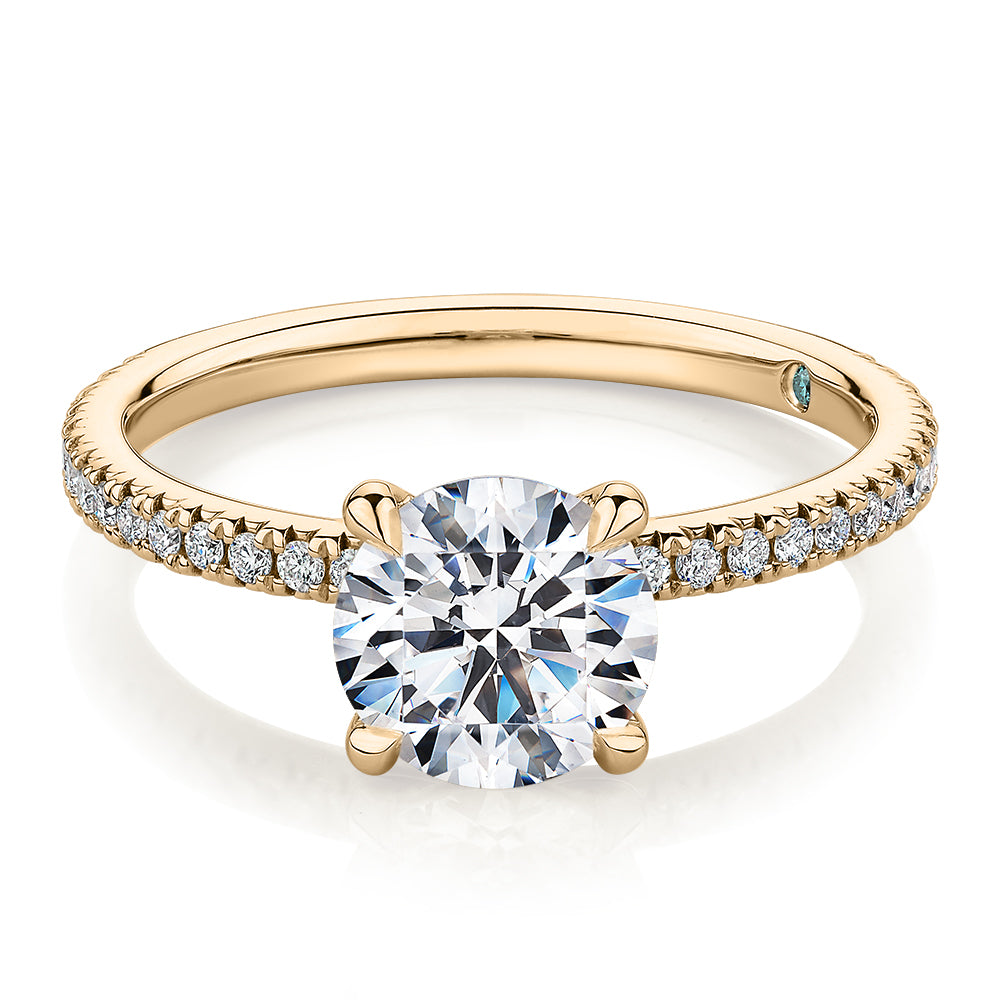 Premium Certified Lab-Grown Diamond, 1.74 carat TW round brilliant shouldered engagement ring in 14 carat yellow gold