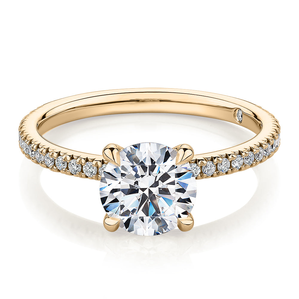 Signature Simulant Diamond 1.74 carat* TW round brilliant shouldered engagement ring in 14 carat yellow gold