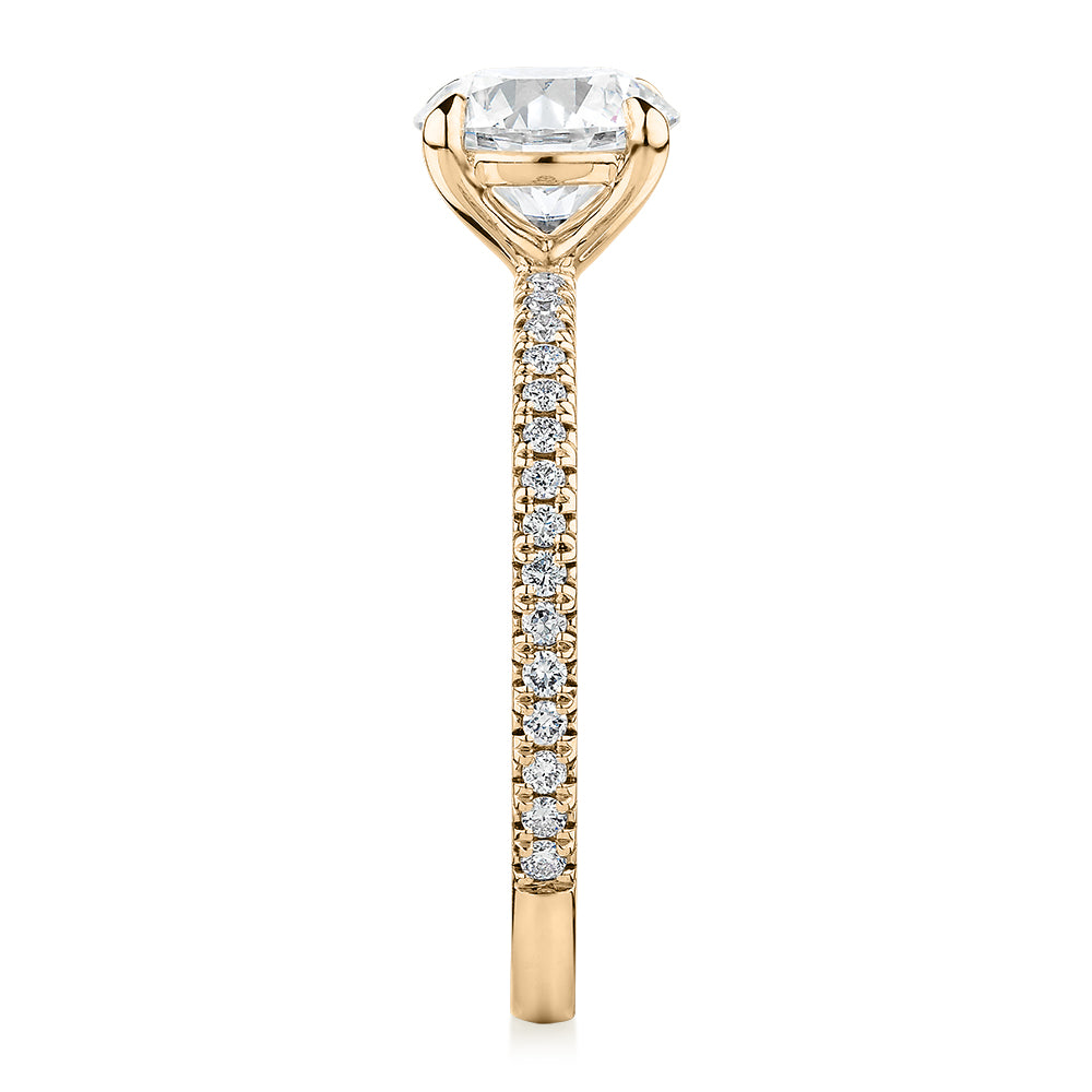Signature Simulant Diamond 1.74 carat* TW round brilliant shouldered engagement ring in 14 carat yellow gold