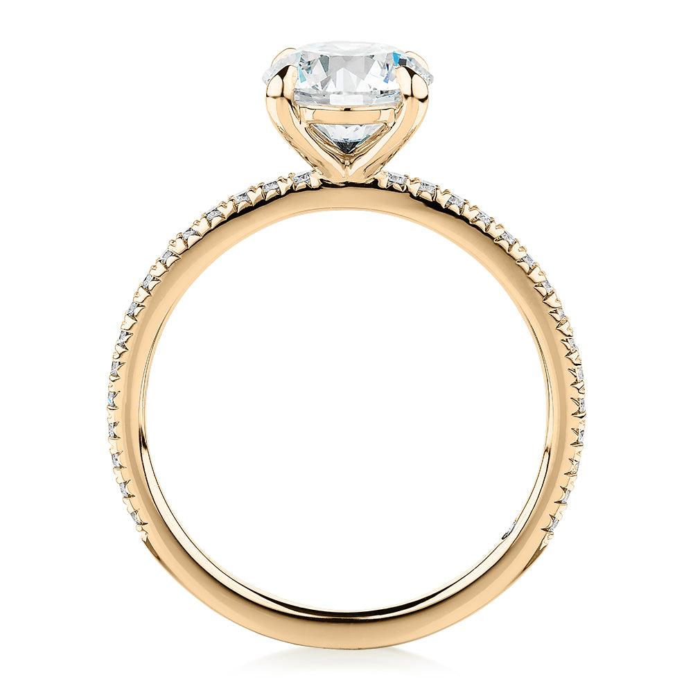 Signature Simulant Diamond 1.74 carat* TW round brilliant shouldered engagement ring in 14 carat yellow gold