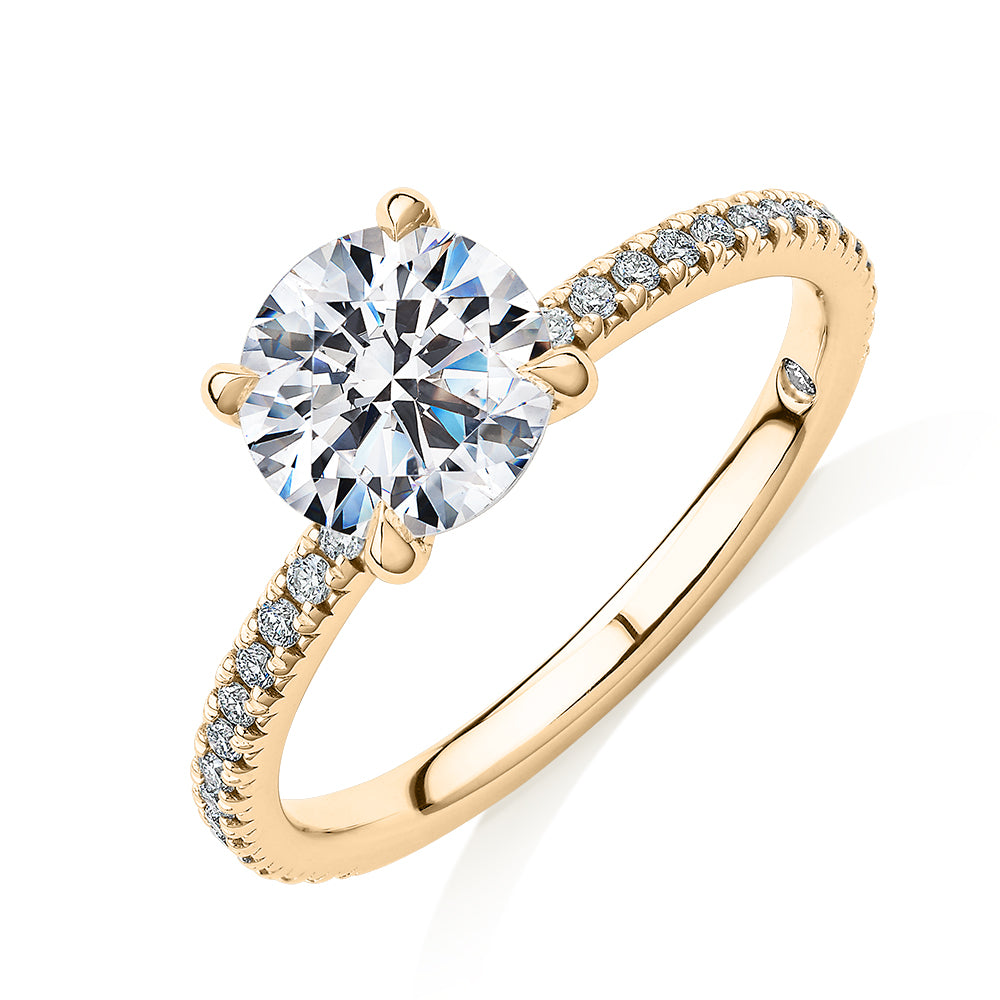 Signature Simulant Diamond 1.74 carat* TW round brilliant shouldered engagement ring in 14 carat yellow gold