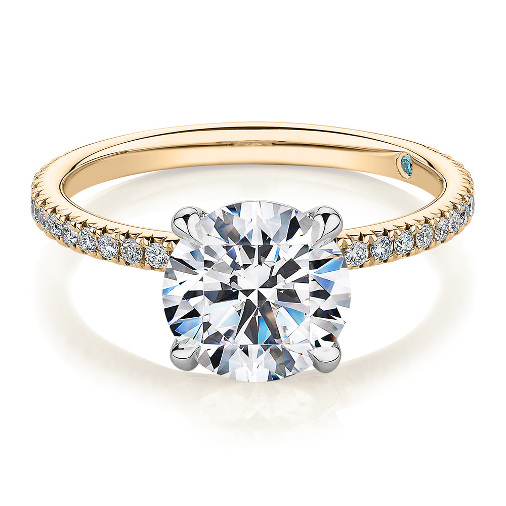Premium Certified Lab-Grown Diamond, 2.19 carat TW round brilliant shouldered engagement ring in 14 carat yellow and white gold