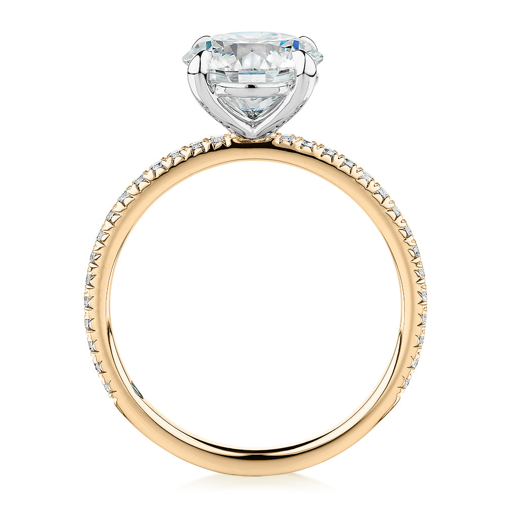Premium Certified Lab-Grown Diamond, 2.19 carat TW round brilliant shouldered engagement ring in 14 carat yellow and white gold