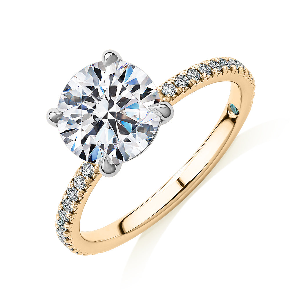 Premium Certified Lab-Grown Diamond, 2.19 carat TW round brilliant shouldered engagement ring in 14 carat yellow and white gold