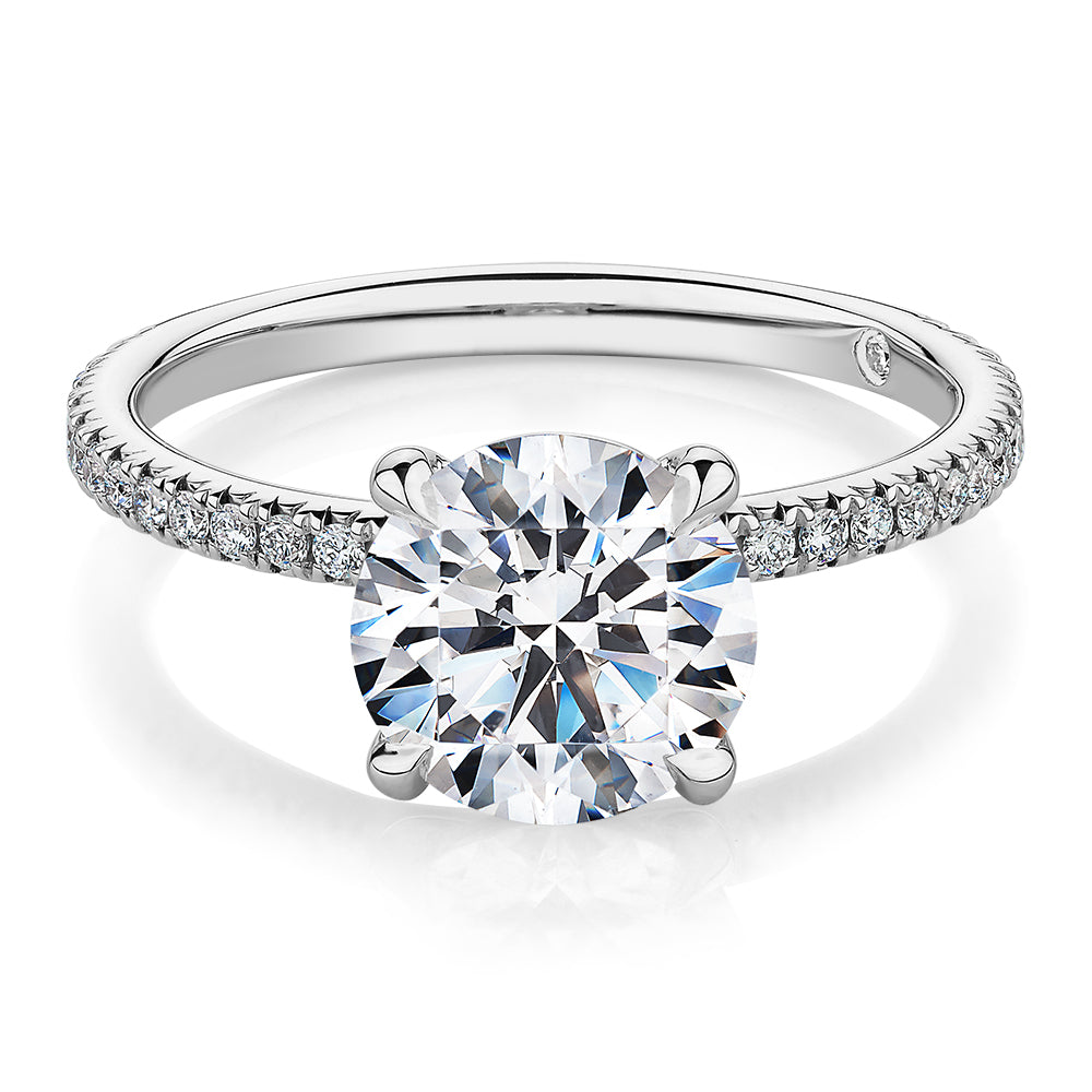 Signature Simulant Diamond 2.19 carat* TW round brilliant shouldered engagement ring in 14 carat white gold