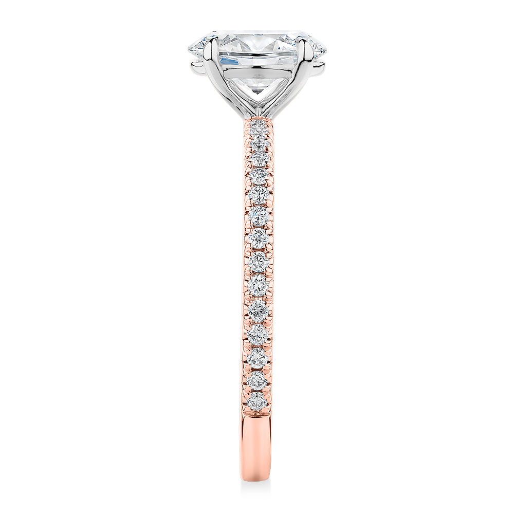 Premium Certified Laboratory Created Diamond, 1.24 carat TW oval and round brilliant shouldered engagement ring in 18 carat rose and white gold