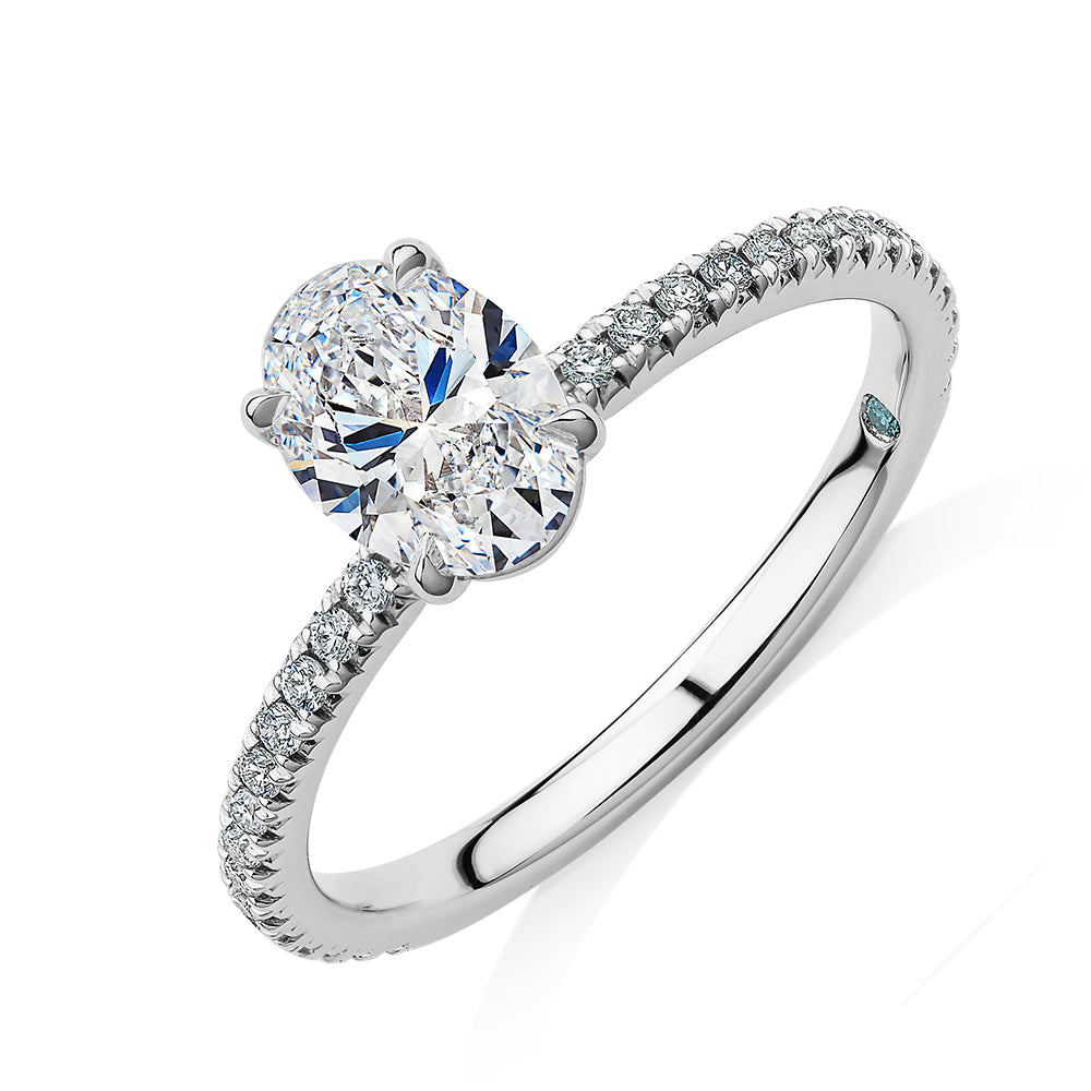Premium Certified Laboratory Created Diamond, 1.24 carat TW oval and round brilliant shouldered engagement ring in 14 carat white gold