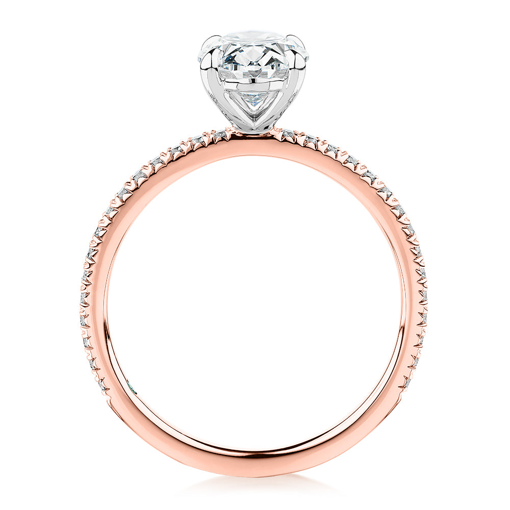 Premium Certified Laboratory Created Diamond, 1.74 carat TW oval and round brilliant shouldered engagement ring in 18 carat rose and white gold