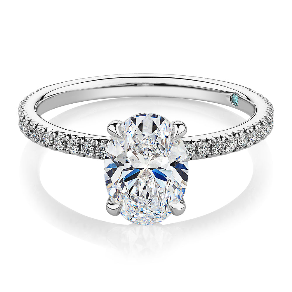 Premium Certified Lab-Grown Diamond, 1.74 carat TW oval and round brilliant shouldered engagement ring in 18 carat white gold