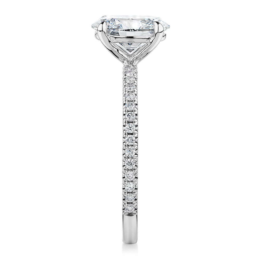 Premium Certified Lab-Grown Diamond, 1.74 carat TW oval and round brilliant shouldered engagement ring in 18 carat white gold