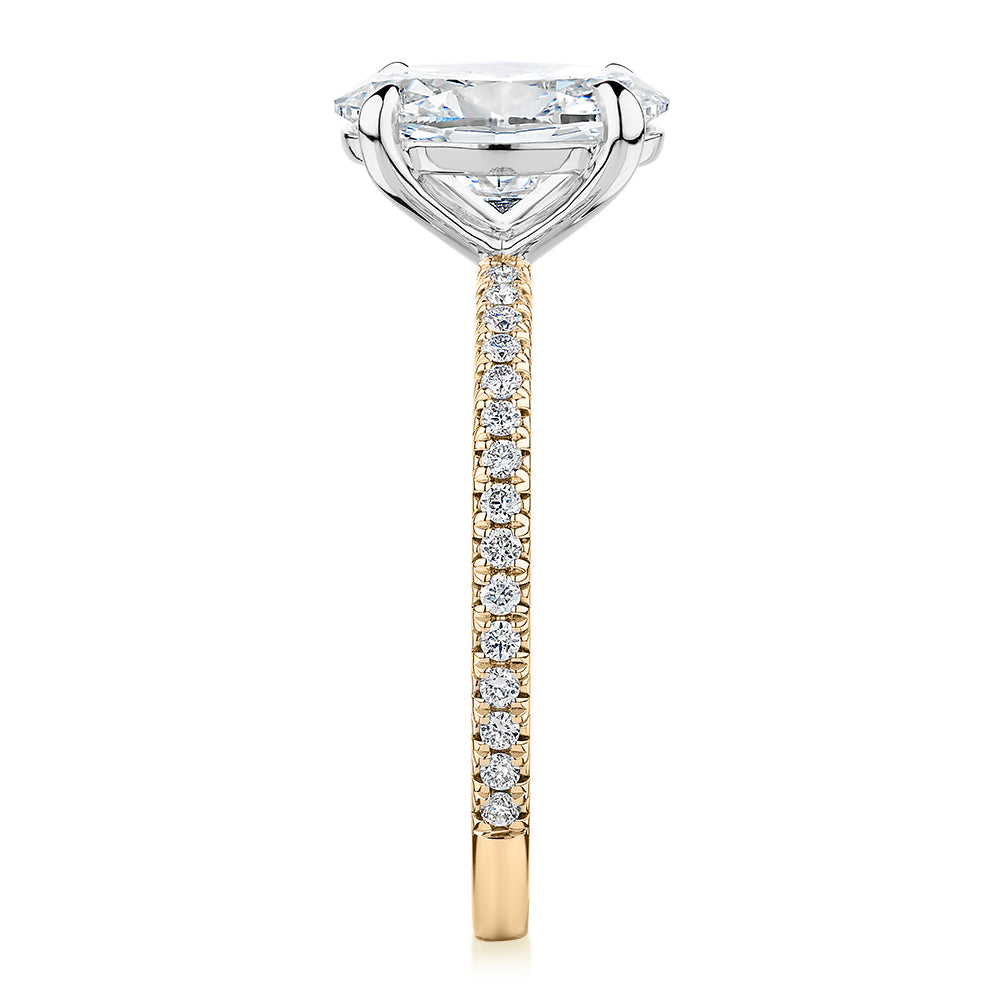 Premium Certified Lab-Grown Diamond, 2.24 carat TW oval and round brilliant shouldered engagement ring in 14 carat yellow and white gold