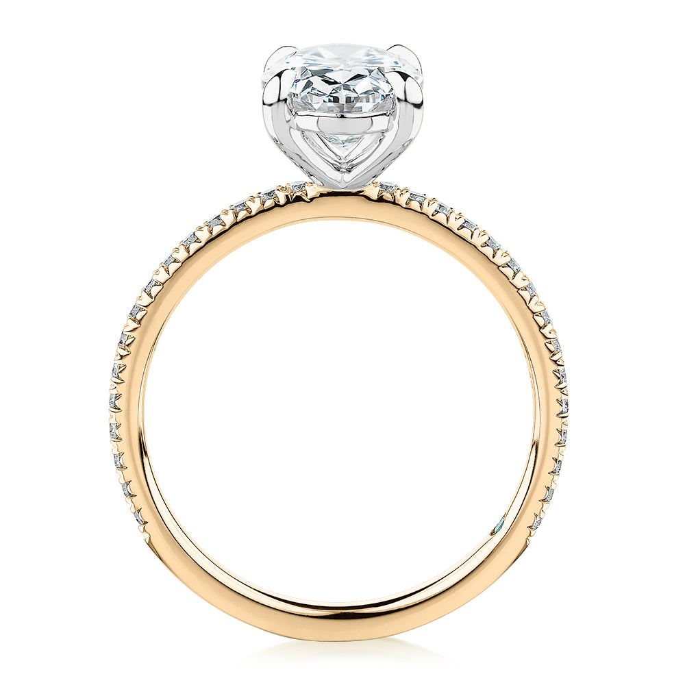 Premium Certified Lab-Grown Diamond, 2.24 carat TW oval and round brilliant shouldered engagement ring in 14 carat yellow and white gold